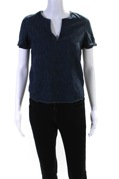 Madewell Womens Cotton Short Sleeve V Neck Denim Blouse Blue Size XS