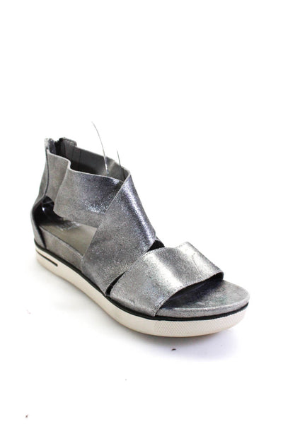 Eileen Fisher Womens Metallic Leather Open Toe Platform Sandals Silver Size 7.5