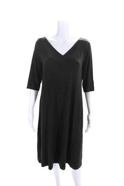 Eileen Fisher Womens Short Sleeve V Neck Knee Length Shirt Dress Brown Medium