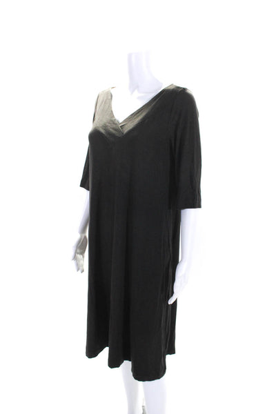 Eileen Fisher Womens Short Sleeve V Neck Knee Length Shirt Dress Brown Medium