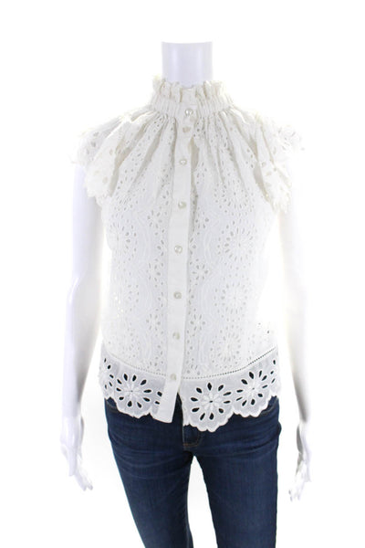 Sea Women's Round Neck Cap Sleeves Eyelet Button Down Blouse Cream Size XS