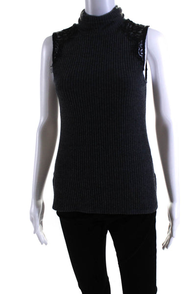 Generation Love Womens Turtleneck Sleeveless Lace Trim Ribbed Blouse Gray Size X