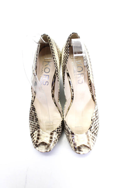 KORS Michael Kors Women's Open Toe Slip-On Snake Print Wedge Shoe Beige Size 7.5