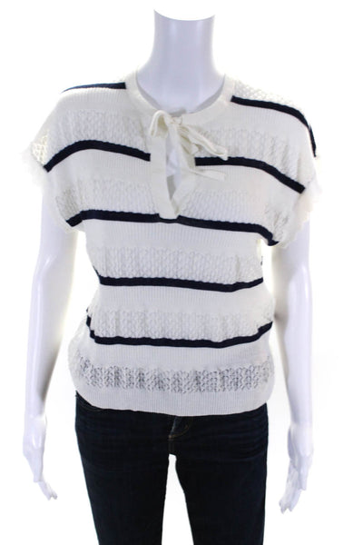 Central Park West Womens Striped Short Sleeves Sweater White Navy Blue Size Smal