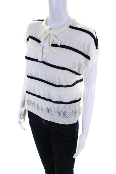 Central Park West Womens Striped Short Sleeves Sweater White Navy Blue Size Smal