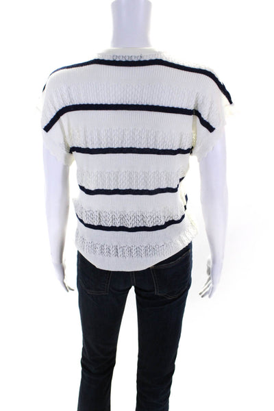 Central Park West Womens Striped Short Sleeves Sweater White Navy Blue Size Smal