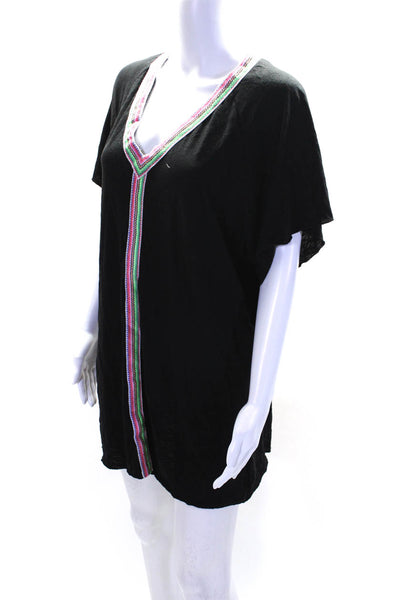 Pitusa Womens Cotton Short Sleeve V Neck Striped Trim Coverup Black Size OS