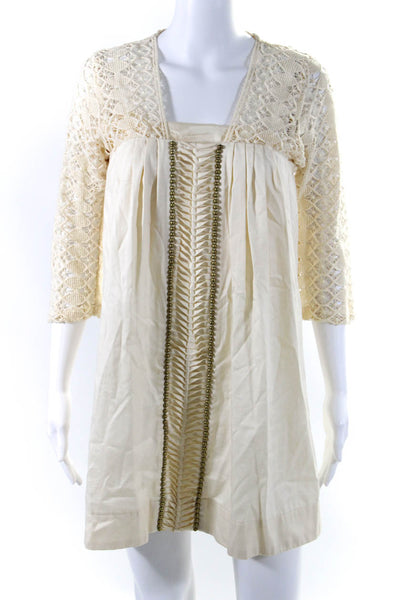 Lauren Moffatt Womens Cream Cotton Beaded Square Neck Mini A-Line Dress Size 2