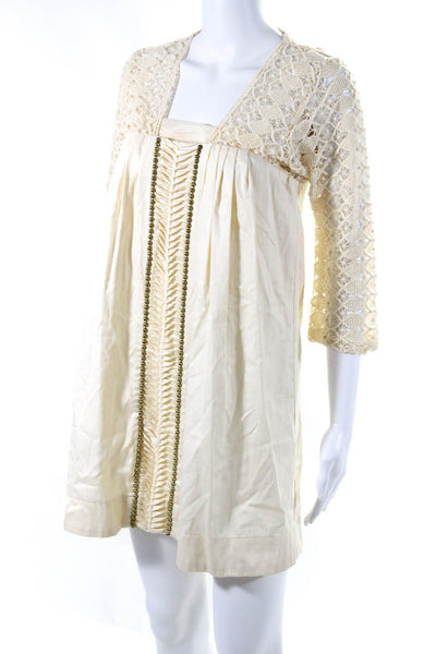 Lauren Moffatt Womens Cream Cotton Beaded Square Neck Mini A-Line Dress Size 2