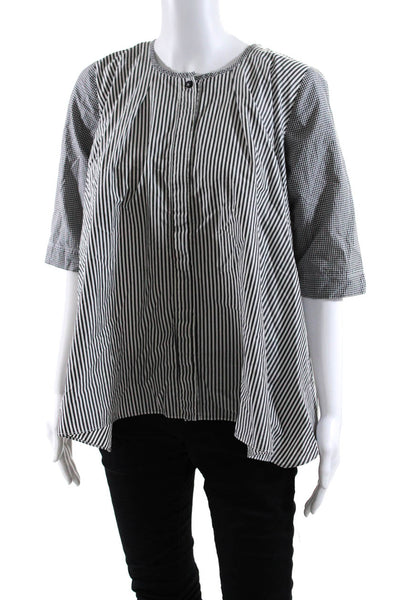 Tan & Luciana Womens Cotton Short Sleeve Striped Button Down Blouse Black Size 9