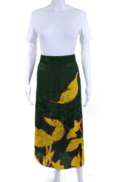 Johanna Ortiz Womens Jacquard Elastic Waist Midi Skirt Green Yellow Pink Size 8