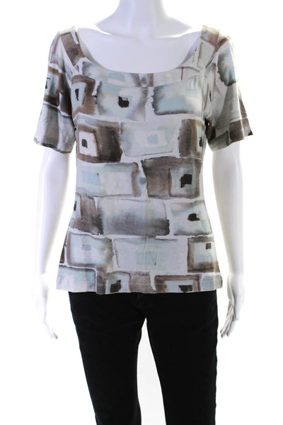 St. John Womens Short Sleeve Scoop Neck Abstract Knit Shirt Gray Brown Large