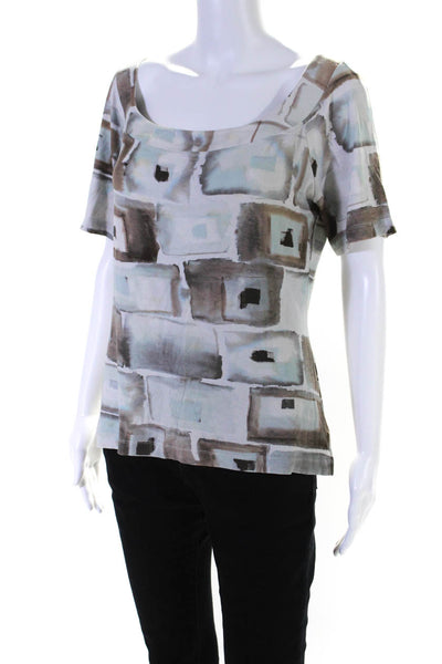 St. John Womens Short Sleeve Scoop Neck Abstract Knit Shirt Gray Brown Large