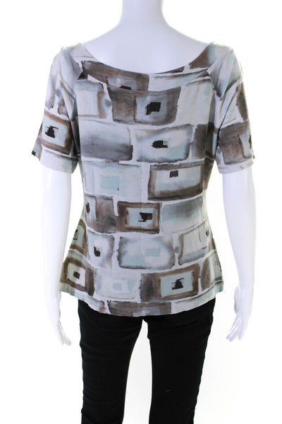 St. John Womens Short Sleeve Scoop Neck Abstract Knit Shirt Gray Brown Large