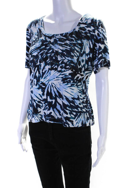 St. John Womens Short Sleeve Tie Dyed Rhinestone Tee Shirt Blue White Size Large