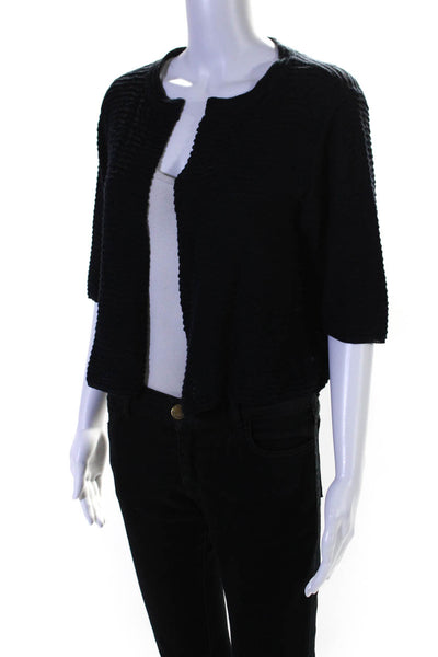 Eileen Fisher Womens Half Sleeve Open Front Cropped Cardigan Sweater Navy Medium