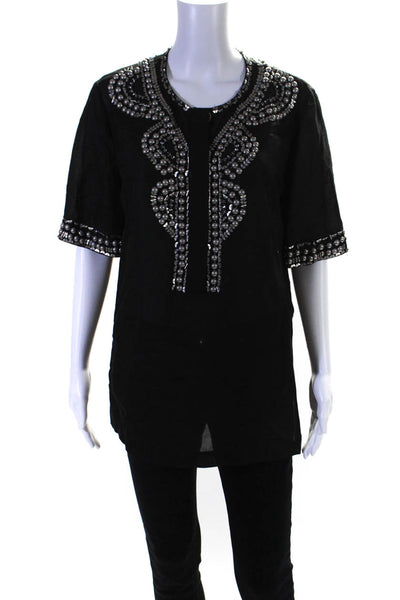 Elie Tahari Womens Embellished Rhinestone Short Sleeve Top Blouse Black Large