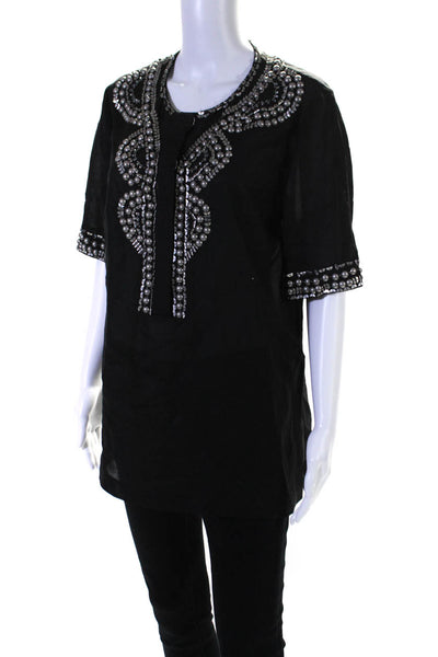 Elie Tahari Womens Embellished Rhinestone Short Sleeve Top Blouse Black Large