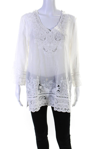 Elie Tahari Womens Embroidered Eyelet Long Sleeve Top Blouse White Size Large