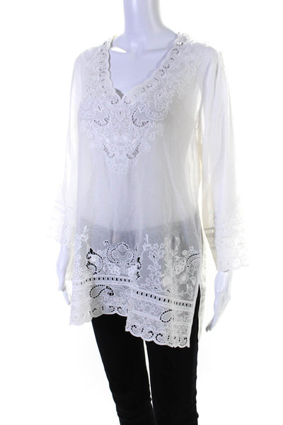 Elie Tahari Womens Embroidered Eyelet Long Sleeve Top Blouse White Size Large