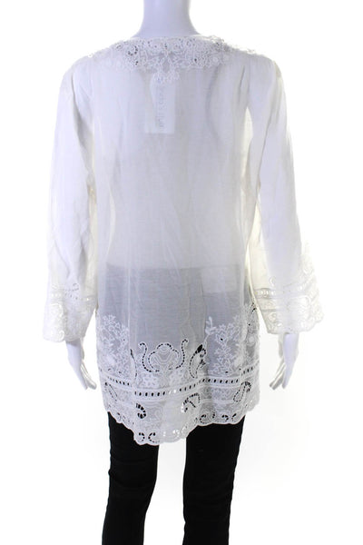 Elie Tahari Womens Embroidered Eyelet Long Sleeve Top Blouse White Size Large