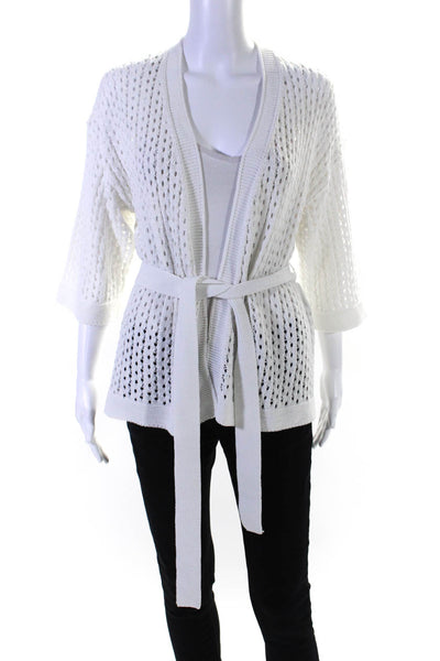 Etcetera Womens Open Knit Belted 3/4 Sleeve Cardigan Sweater White Size XS