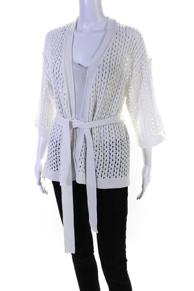 Etcetera Womens Open Knit Belted 3/4 Sleeve Cardigan Sweater White Size XS