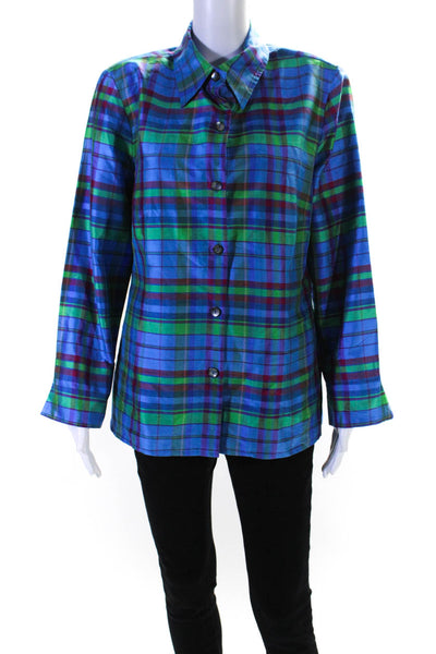 Nina Mclemore Womens Plaid Taffeta Button Up Top Blouse Green Pink Blue Size 12