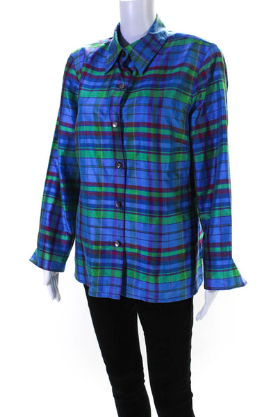 Nina Mclemore Womens Plaid Taffeta Button Up Top Blouse Green Pink Blue Size 12