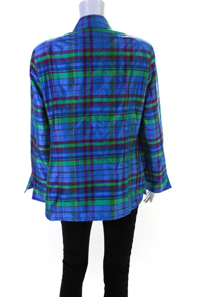 Nina Mclemore Womens Plaid Taffeta Button Up Top Blouse Green Pink Blue Size 12