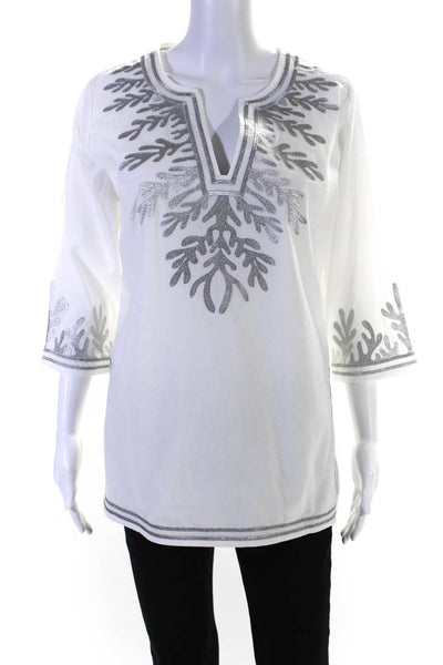 Gretchen Scott Womens Metallic Embroidered Y Neck Tunic Blouse White Silver Smal