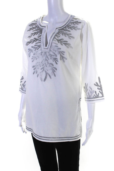 Gretchen Scott Womens Metallic Embroidered Y Neck Tunic Blouse White Silver Smal