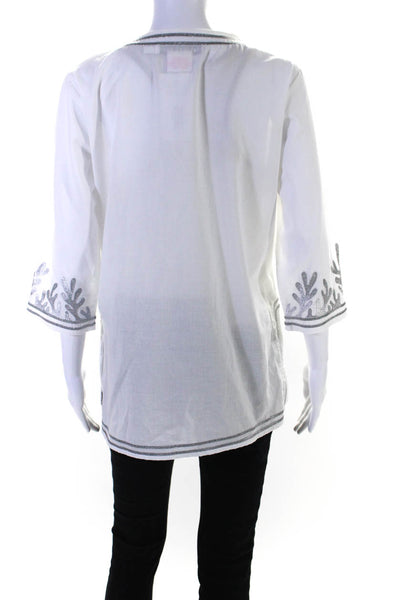 Gretchen Scott Womens Metallic Embroidered Y Neck Tunic Blouse White Silver Smal