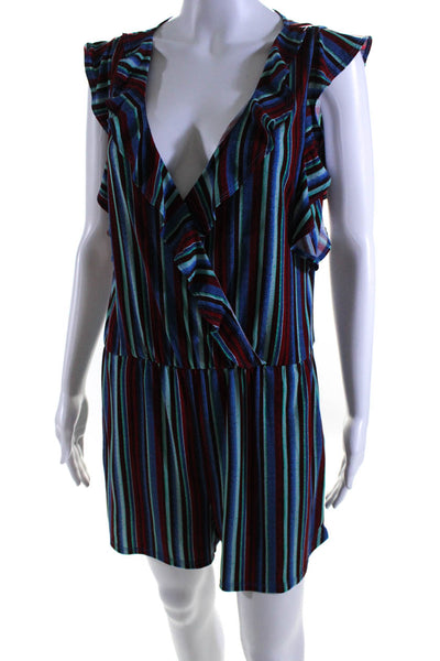 BCBGMAXAZRIA Womens Short Sleeve Ruffled V Neck Striped Romper Red Blue Small