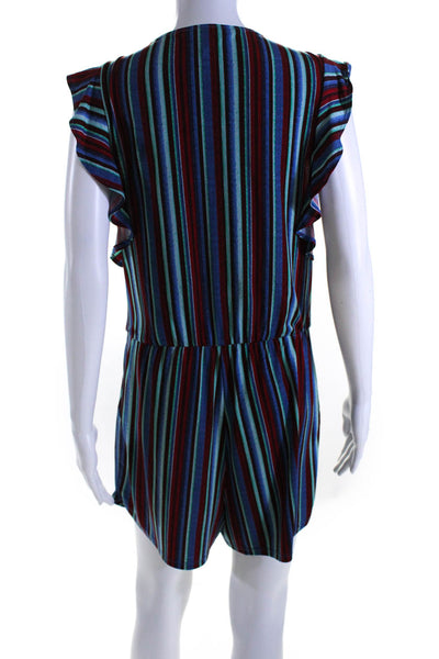 BCBGMAXAZRIA Womens Short Sleeve Ruffled V Neck Striped Romper Red Blue Small