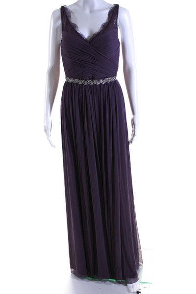 Hitherto Womens Sleeveless Back Zip Lace Trim Mesh Overlay Gown Purple Size 4