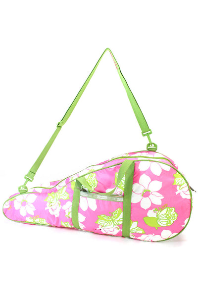 LeSportsac Womens Floral Print Zip Around Tennis Rack Bag Pink Lime Green