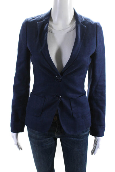 Kate Spade Womens Linen Buttoned Collared V-Neck Blazer Jacket Blue Size 00