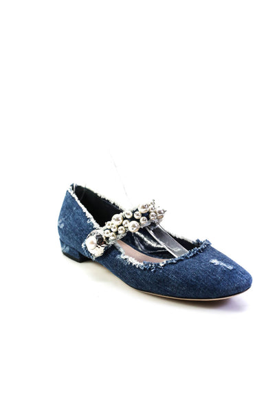 Miu Miu Womens Faux Pearl Denim Fringe Mary Jane Ballet Flats Blue Size 39