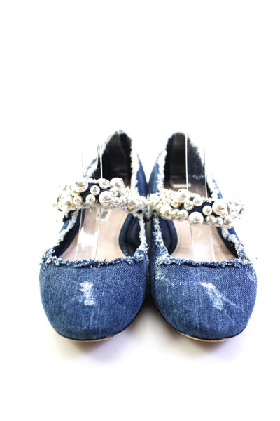 Miu Miu Womens Faux Pearl Denim Fringe Mary Jane Ballet Flats Blue Size 39