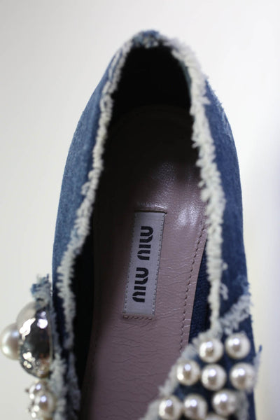 Miu Miu Womens Faux Pearl Denim Fringe Mary Jane Ballet Flats Blue Size 39