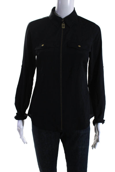 Michael Michael Kors Womens Navy Full Zip Collar Long Sleeve Blouse Top Size XS