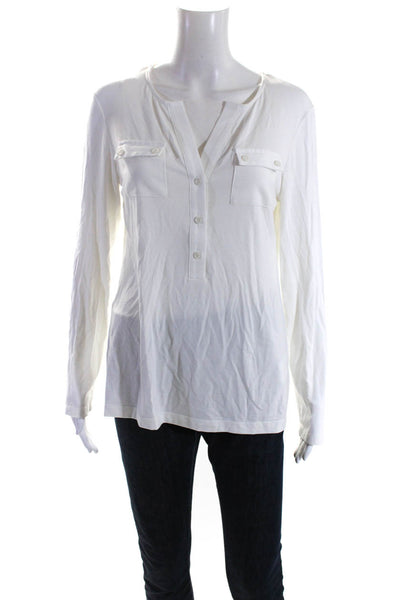 Anatomie Womens White Cotton Henley Front Pockets Long Sleeve Blouse Top Size M