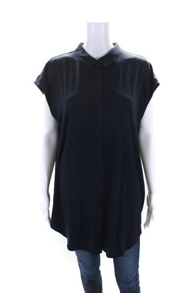 Eileen Fisher Women's Collared Sleeveless Button Down Shirt Navy Blue Size XL