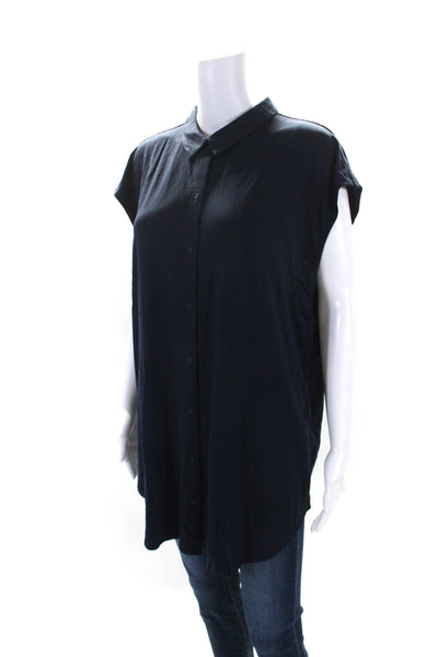 Eileen Fisher Women's Collared Sleeveless Button Down Shirt Navy Blue Size XL