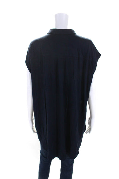 Eileen Fisher Women's Collared Sleeveless Button Down Shirt Navy Blue Size XL