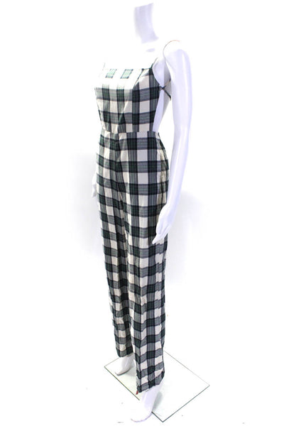 Etophe Studios Womens Tie Back Plaid Flare Jumpsuit White Navy Green Size Small