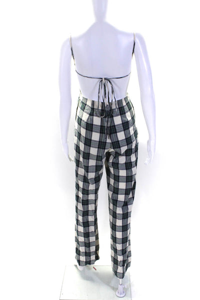 Etophe Studios Womens Tie Back Plaid Flare Jumpsuit White Navy Green Size Small