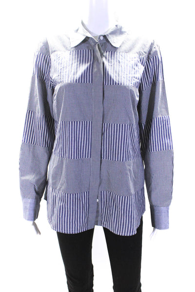 Worth Womens Button Front Collared Striped Gingham Shirt Blue White Size Medium