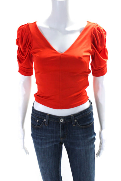 Frame Womens Bright Red V-Neck Ruched Short Sleeve Blouse Top Size S